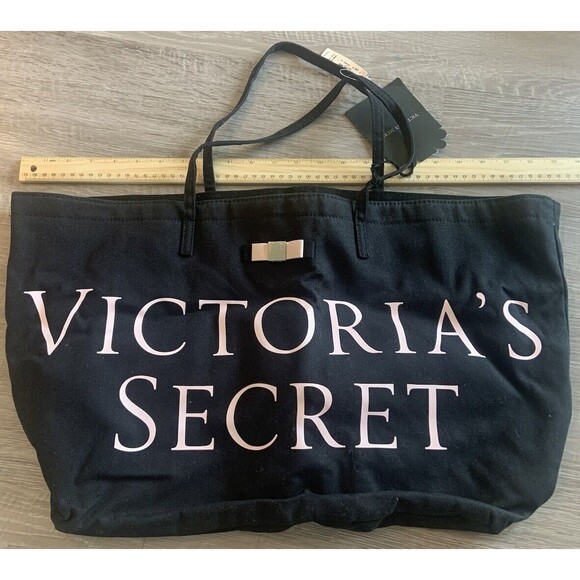 New Victoria's Secret Black Heavy-Duty Canvas Weekend Beach Tote Bag - Picture 1 of 4